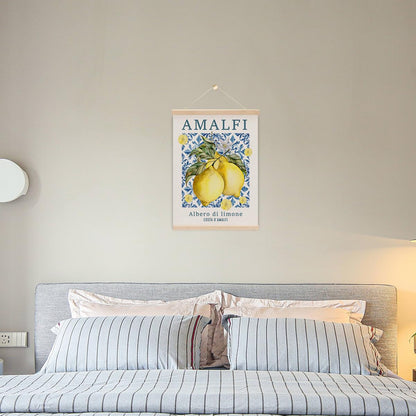 Italian Amalfi Coast Lemon Wall Art Poster Hanger, Blue Mediterranean Tiles Lemons Tree Italian Wall Art With Wooden Poster Hanger for Home Kitchen Living Room Dining Room Decor 15.8x11.8 Inch