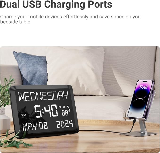 11.5” Extra Large Digital Wall Clock with Date and Day of Week , Electric Desk Clock for Seniors, Large Display Alarm Clock for Bedroom with Battery Backup, 5 Dimmer, 2 USB Ports, Indoor Temp, 12/24H