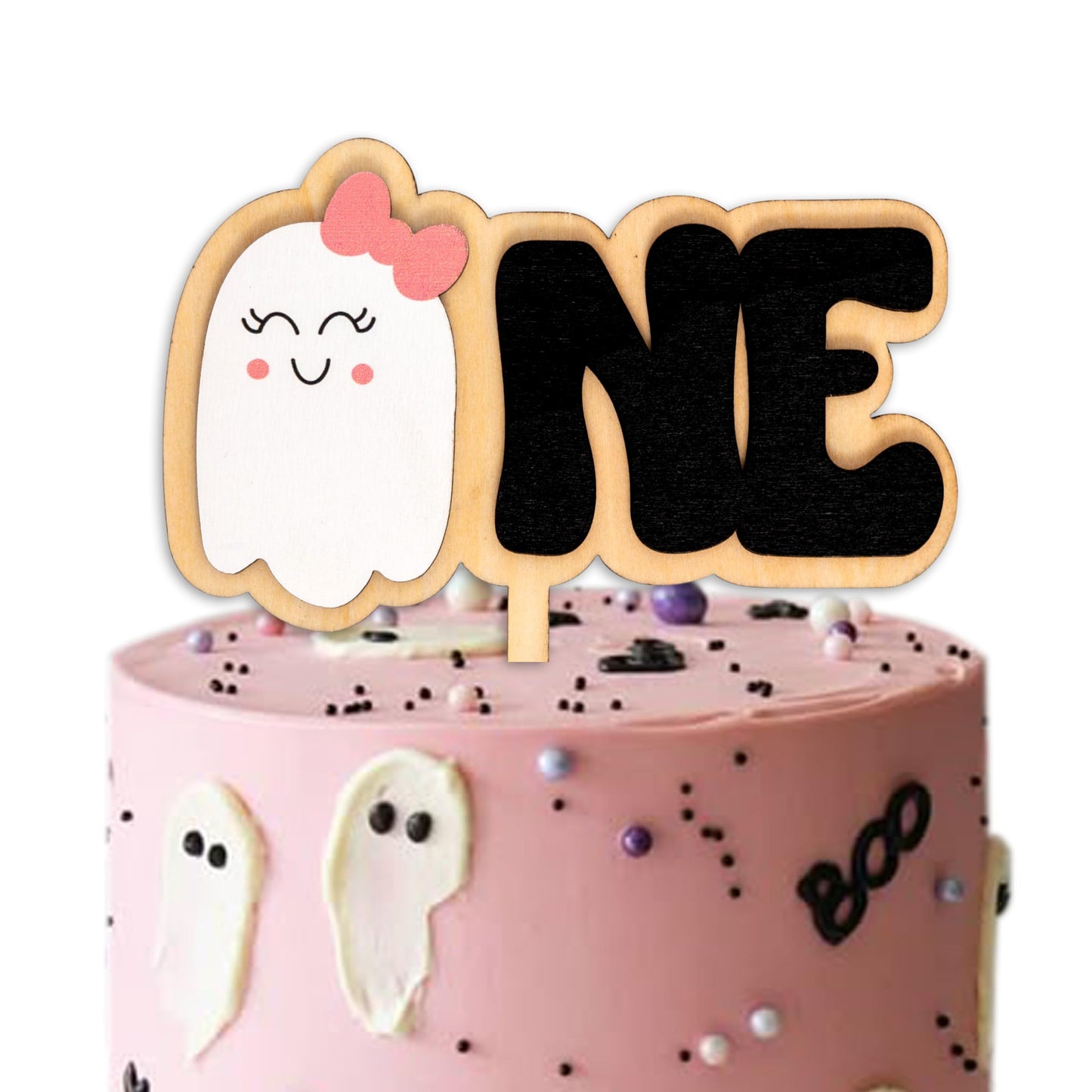 MUWEOL Spooky One Cake Topper - Halloween First Birthday Party Decoration,Little Cute Ghost With Pink Bow Wooden Cake Topper (spooky topper)