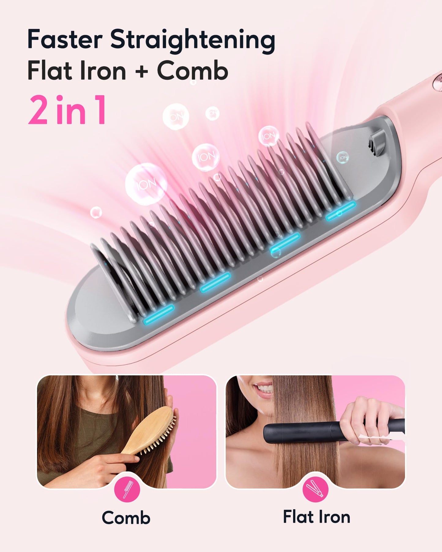 Wavytalk Hair Straightener Brush, Sleek Sweep Ionic Straightening Brush with 6 Temperature Adjust, Anti-Scald Ceramic Straightening Comb Fast Heating for Home Salon, Dual Voltage, Purple.