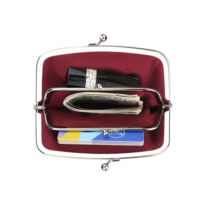 Royal Bagger RFID Coin Purses for Women, Fashion Kiss Lock Change Pouch, Double Clip Key Card Storage Bag,Signature Coated Canvas & Vegetable-Tanned Cowhide Leather 2858 (Coffee)