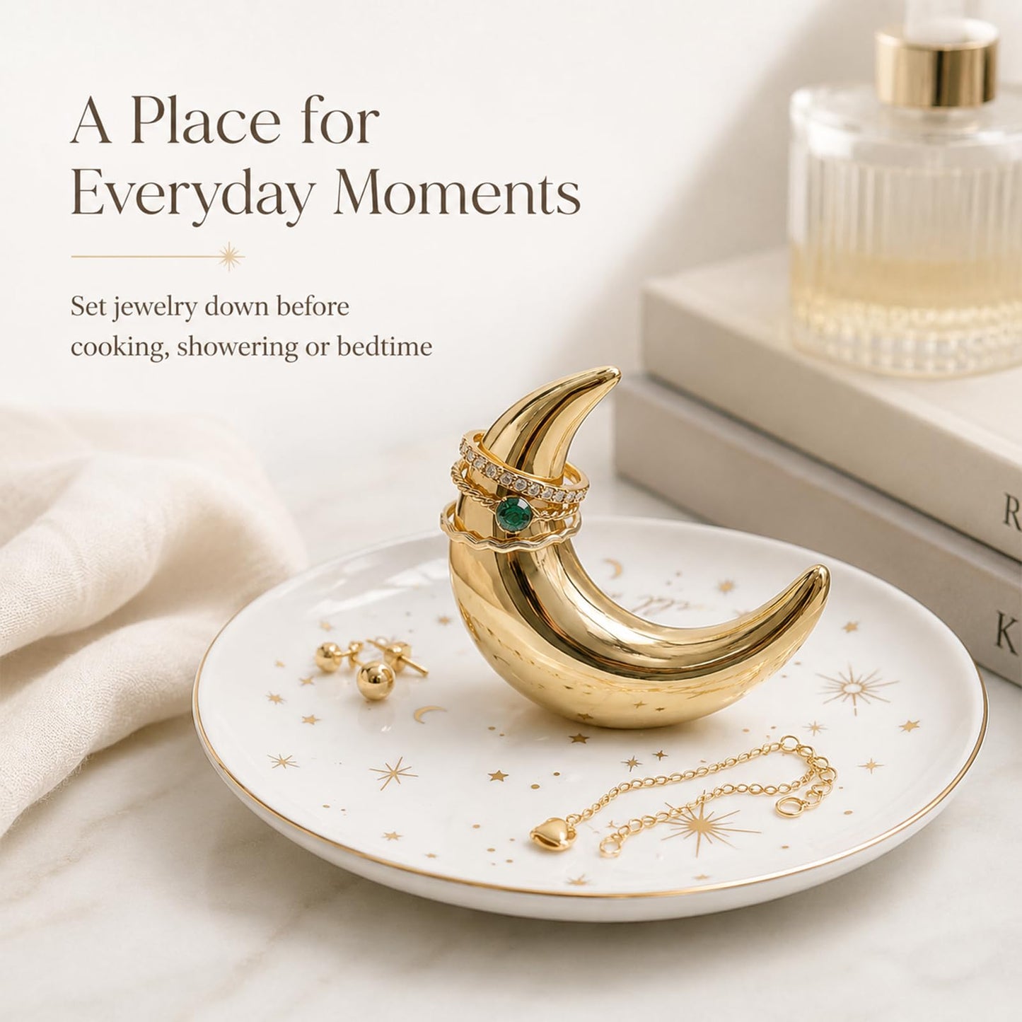 ChezMax Ceramic Moon Jewelry Tray Rings Dish Necklaces Earrings Holder Display Organizer Bracelets Plate Decoration