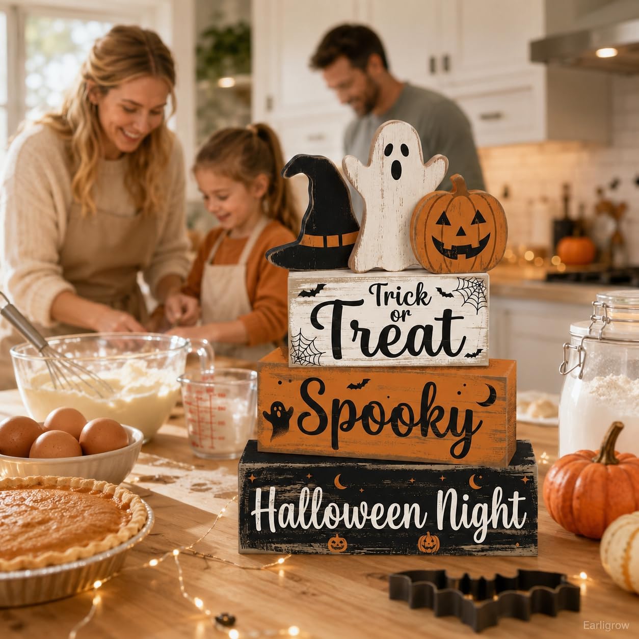 4 Pcs Halloween Decor, Trick or Treat Tiered Tray Decorations, Wooden Block Signs with Ghost Jack-O-Lantern Witch Hat, Farmhouse Rustic Table Centerpiece for Home Kitchen Mantel