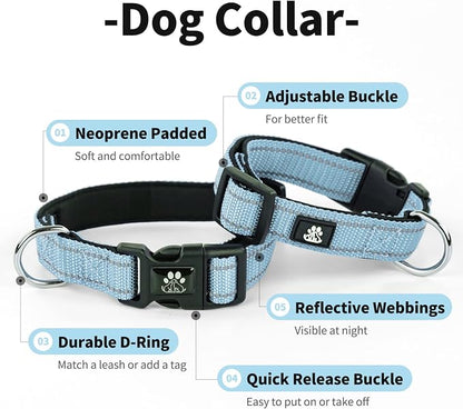 IVY&LANE Reflective Dog Collar and Leash Set,Adjustable Neoprene Padded Dog Collars for Puppy, Breathable Nylon Pet Collar for Small Medium Large Dogs (Large,Blue)