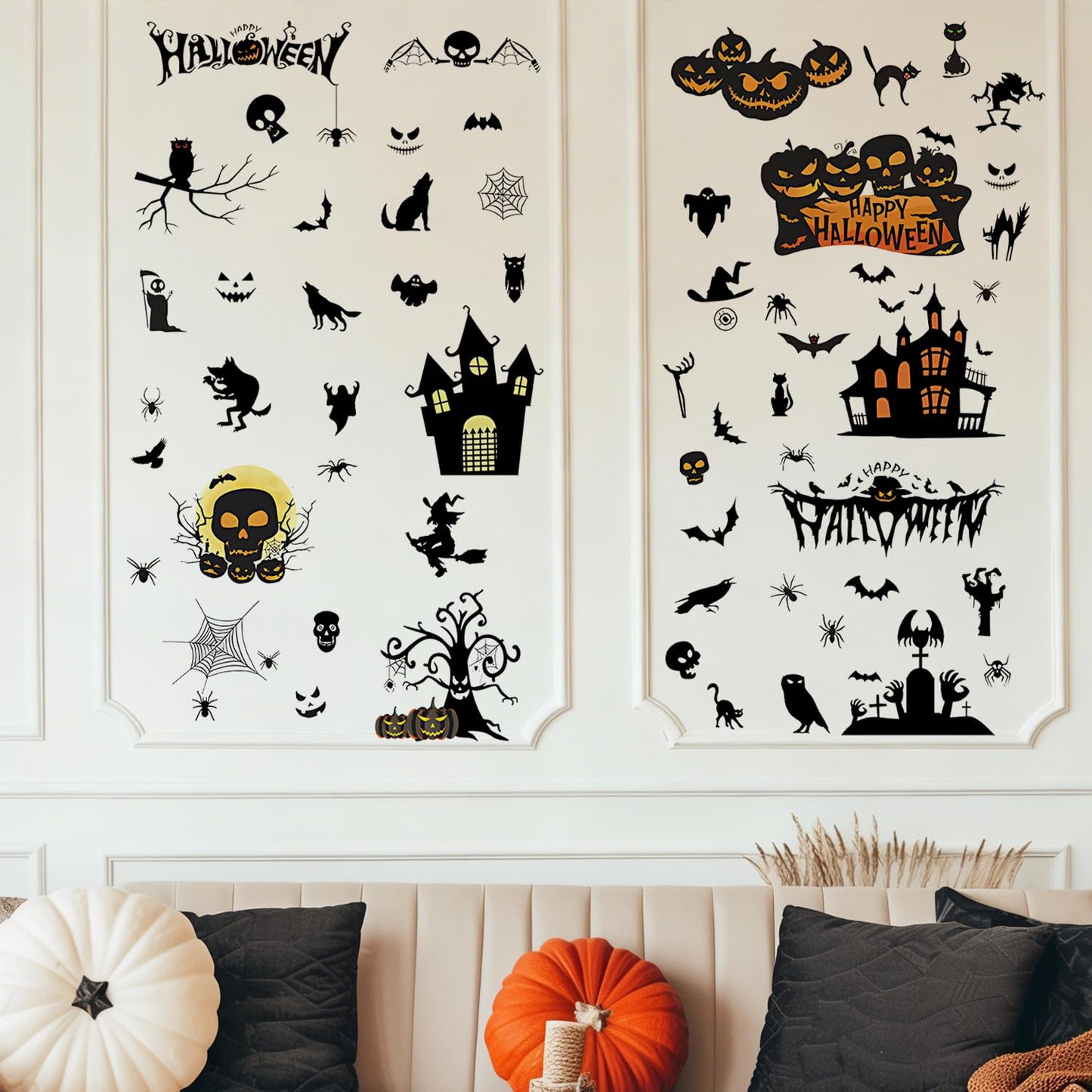 Halloween Wall Decals Stickers, Black Haunted Castle Pumpkin Skeleton Window Clings, Removable Spooky Spider Web Witch Silhouette Wall Stickers for Party Home Decor