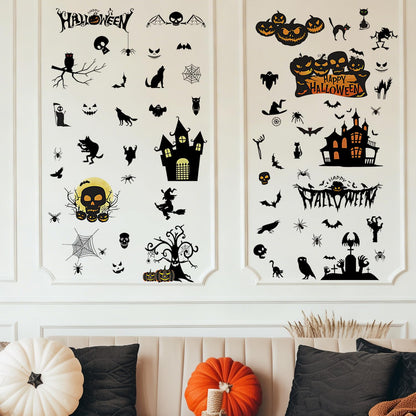 Halloween Wall Decals Stickers, Black Haunted Castle Pumpkin Skeleton Window Clings, Removable Spooky Spider Web Witch Silhouette Wall Stickers for Party Home Decor