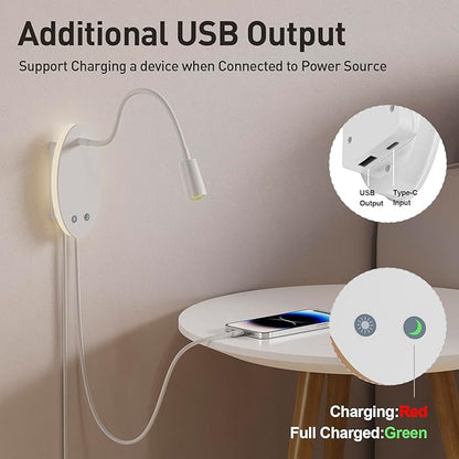 Rechargeable Cordless Reading Light, 360° Adjustable Bedside Lamp, 3 Color Stepless Dimming Night Light, 40H Runtime with Eye-Care, Memory Function, USB Output, Wall-Mounted & Detachable(1pc)