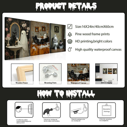 Halloween Ghost Bathroom Canvas Wall Art Set of 3, Funny Horror Ghost and Cute Black Cat in Bathtub Pictures Wall Decor, Gothic Dark Academia Paintings Prints for Toilet Dorm 16x24 inch Framed
