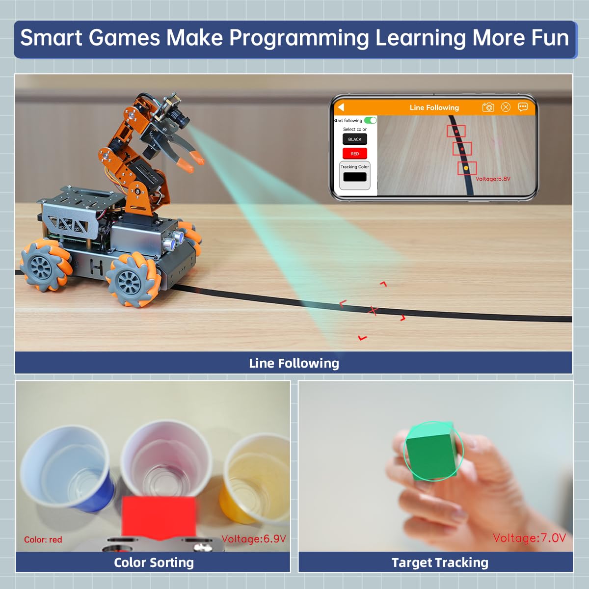 HIWONDER 5DOF AI Vision Robotic Arm Powered by Raspberry Pi Smart Robotic Arm Mecanum Wheel Chassis Robot Car Kit DIY Robot for Beginners, with RPi5 4GB