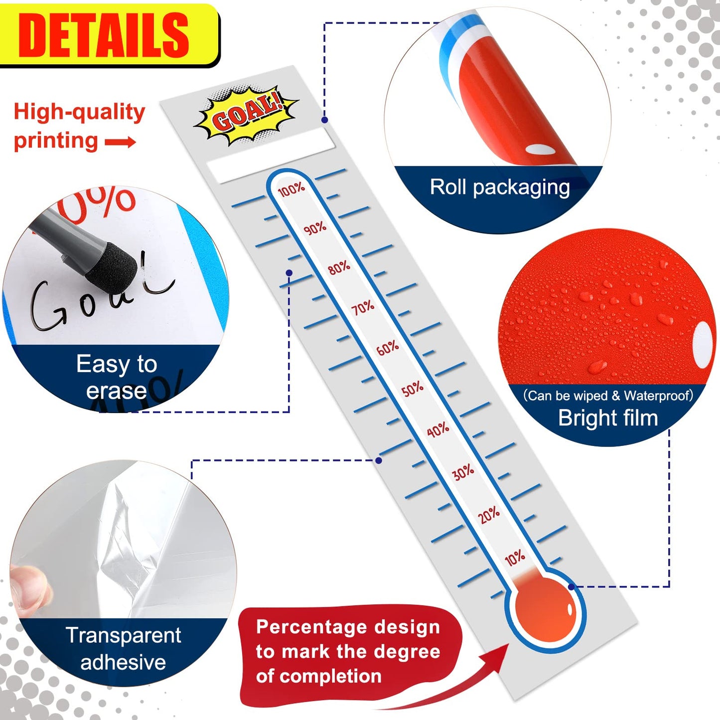 Junkin 6 Pcs Fundraising Thermometer Goal Charts Tracker Decal 48 x 11 Inch Dry Erase Thermometer Goal Setting Wall Poster Removable Giant Vinyl Sticker Office Wall Posters(White)