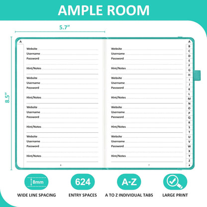 Password Book with Individual Alphabetical Tabs Laminated, Large Print Password Keeper Book for Seniors, A5 Hardcover Internet Password Log Book to Record Website Login Details - Aquamarine