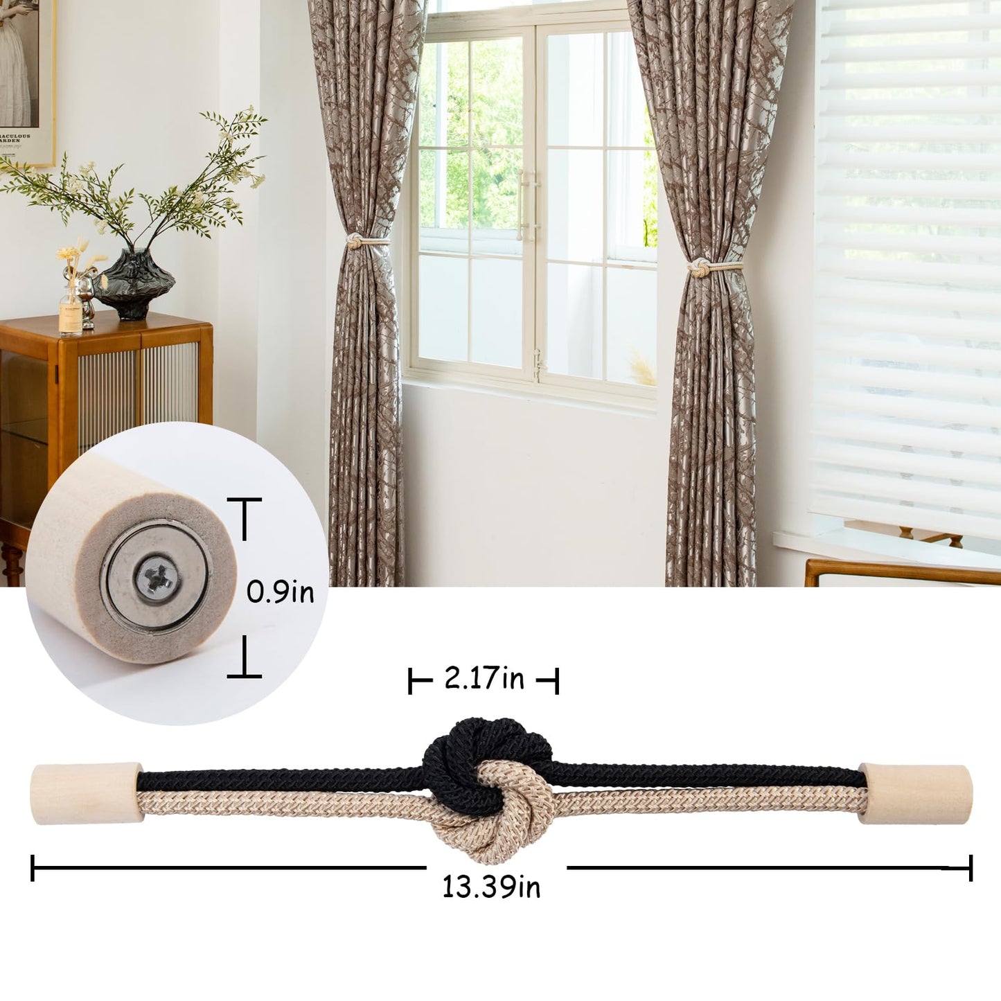 Contoeey Magnetic Curtain Tiebacks Holdbacks - Wood Tie Backs Rope Holder with Floral Knot Design for No Drill Easy Install, Modern Boho Home Decor (4Pack, Beige+Black)