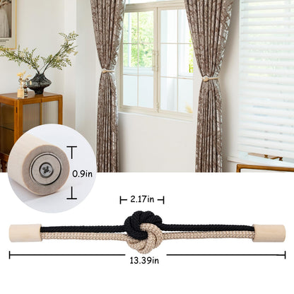 Contoeey Magnetic Curtain Tiebacks Holdbacks - Wood Tie Backs Rope Holder with Floral Knot Design for No Drill Easy Install, Modern Boho Home Decor (4Pack, Beige+Black)