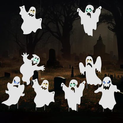 OuMuaMua Outdoor Halloween Decorations Signs - 6pcs Ghost Decor Halloween Yard Signs with Stakes LED Light Up Eyes for Garden Yard Scary Decorations Outside