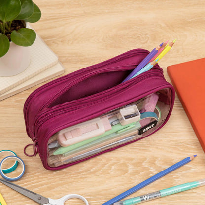 ZIPIT Half & Half Pencil Case for Girls, 3 Compartment Zipper Pouch for School, Stationery Bag for Teen and Adults, Pink
