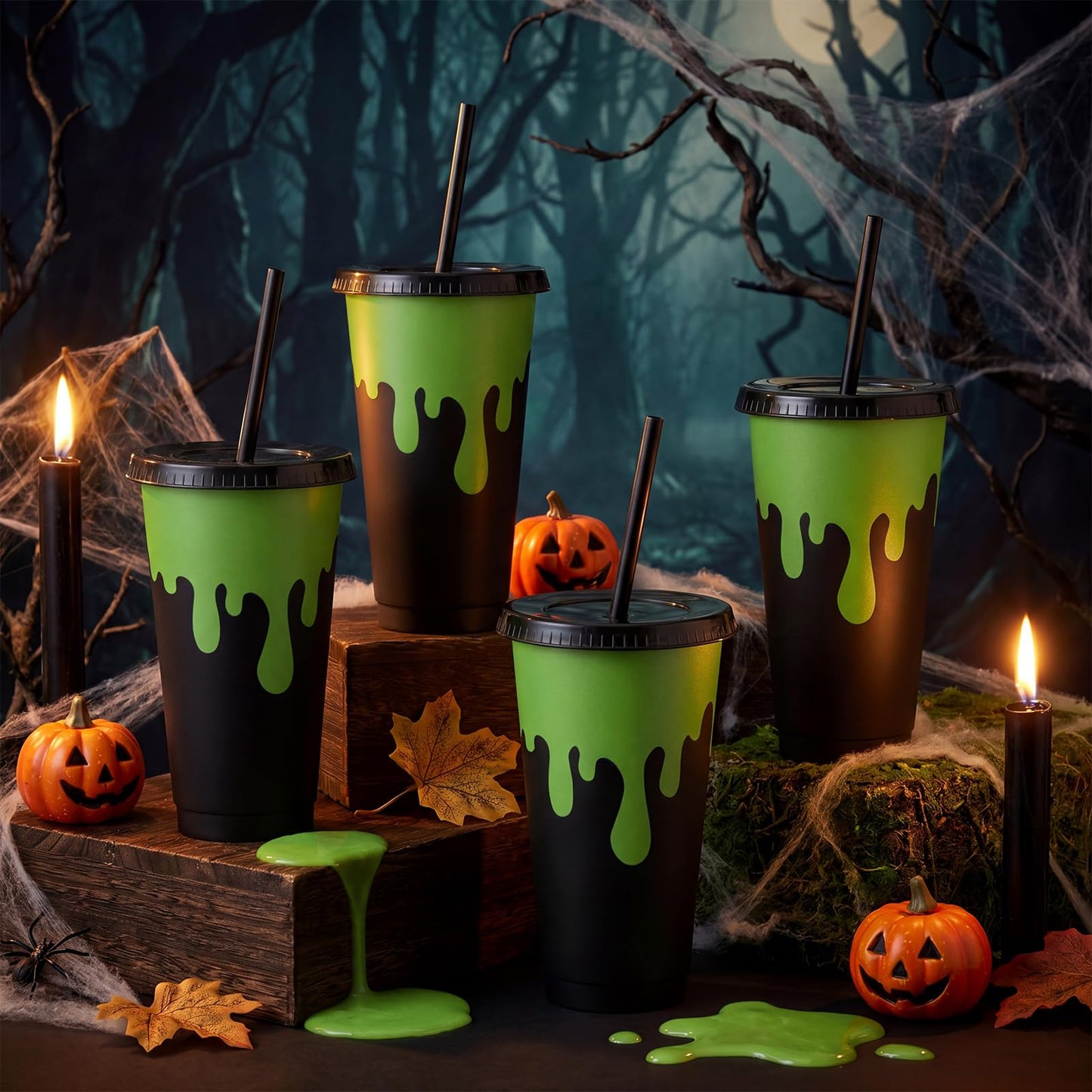 Acellegic 12 Pcs Halloween Party Decorations Green and Black Plastic Gifts Cups with Lids and Straws Reusable 24 oz Ghost Plastic Tumblers Bulk for Halloween Birthday Party Favors Decoration Supplies