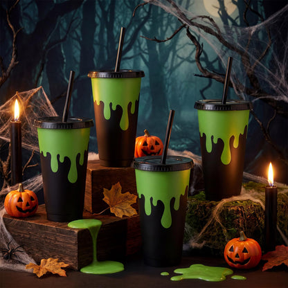 Acellegic 12 Pcs Halloween Party Decorations Green and Black Plastic Gifts Cups with Lids and Straws Reusable 24 oz Ghost Plastic Tumblers Bulk for Halloween Birthday Party Favors Decoration Supplies