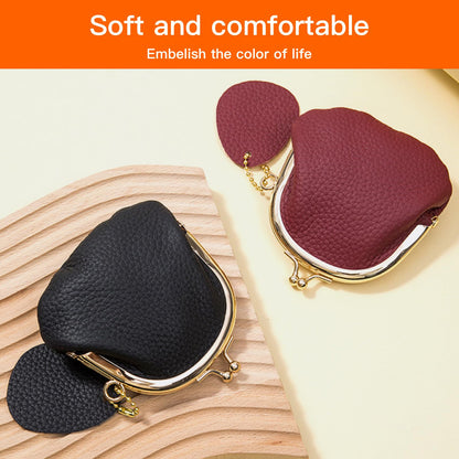 Leather Kisslock Coin Purse for Women, Compact Vintage Style Coin Pouch with Key Holder, Gift for Girls (Black)