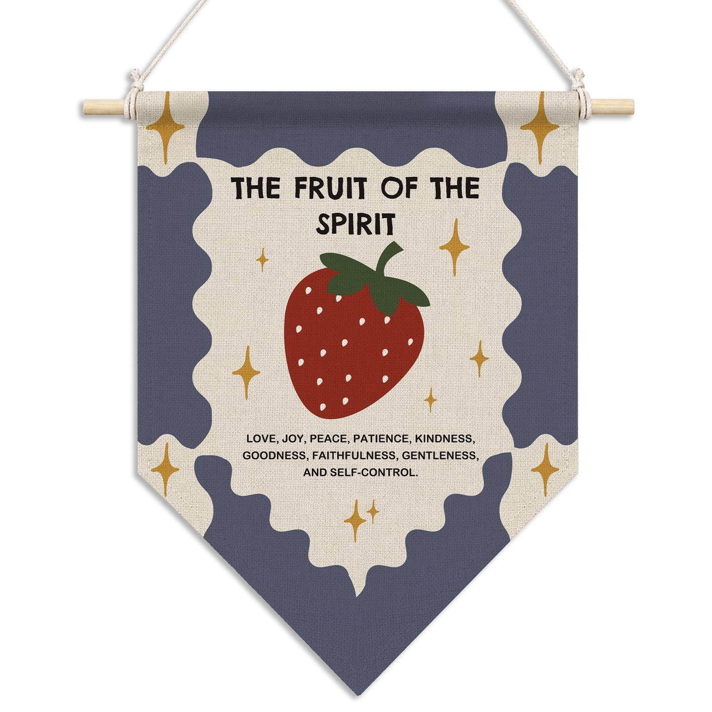 RUKUPA Christian Strawberry Wall Art Decor, the Fruit of the Spirit Bible Verse Hanging Pennant Flag, Religious Wall Art Poster Hanger for Home Bedroom Living Room Kitchen Girls Room Decor, 11x15 Inch