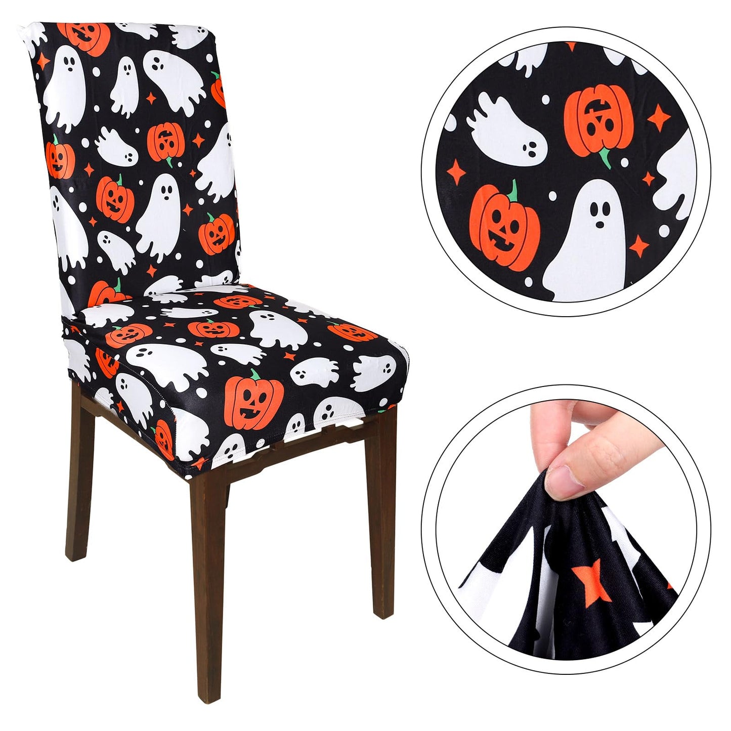 JarThenaAMCS 8Pcs Halloween Chair Covers Spooky Ghost Pumpkin Bat Dining Chair Slipcovers Black Removable Seat Covers for Home Kitchen Hotel Restaurant Decor