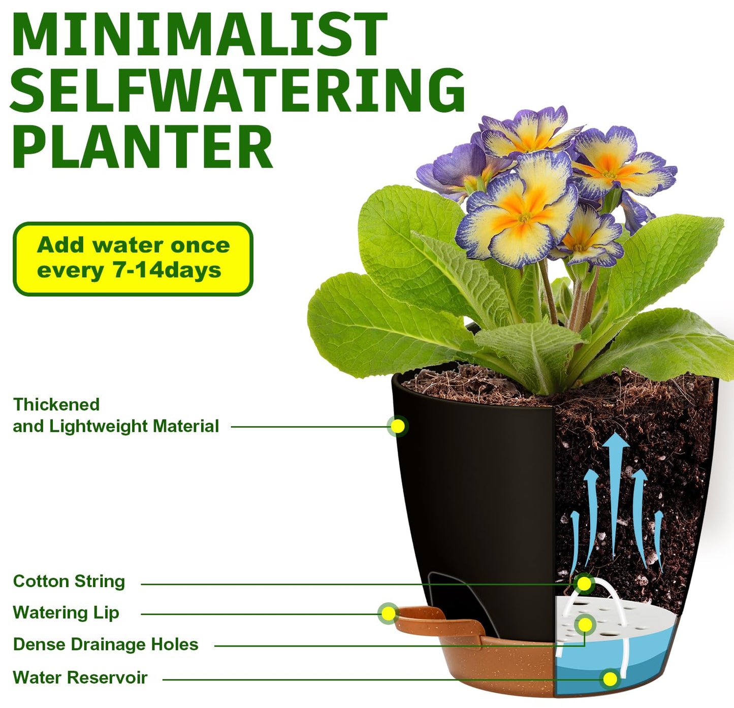5-Pack Plant Pots with Drainage 7/6.5/6/5.5/5 Inch Self Watering Pots for Indoor Outdoor Plants, Plastic Flower Pots with Drainage Holes and Removable Saucers, Plant Pots with Wicking Rope (Black)