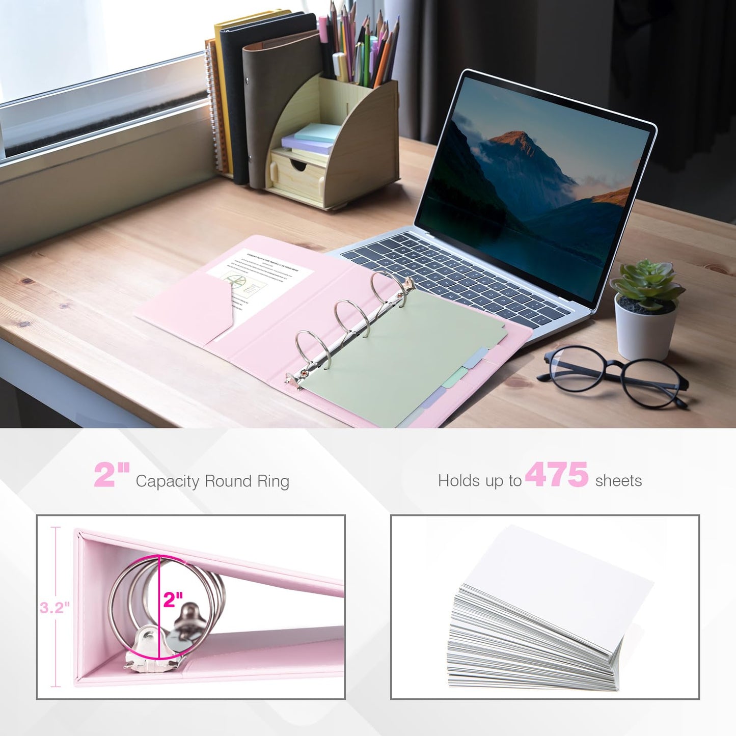 Ospelelf Leather Mini Binder A5 Vintage Hardcover 2 Inch Rings, Professional Small 3 Ring Binders Organizer Suitable for 5.5" x 8.5" Documents, Binder Dividers with Tabs, Pink