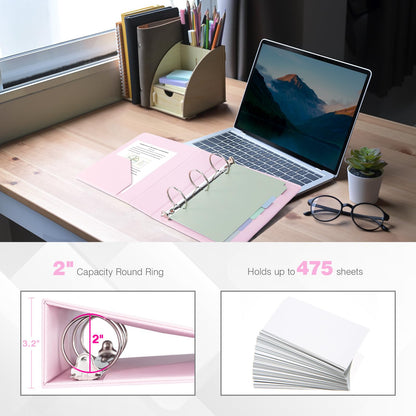 Ospelelf Leather Mini Binder A5 Vintage Hardcover 2 Inch Rings, Professional Small 3 Ring Binders Organizer Suitable for 5.5" x 8.5" Documents, Binder Dividers with Tabs, Pink