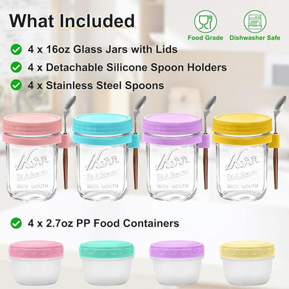 4-Pack Overnight Oats Containers with Lids and Spoons, 16 oz Glass Mason Jars with Airtight Lids and 2.7 oz Condiment Containers for Overnight Oats, Chia Seed Pudding, Yogurt, Snacks, Cereal, Fruit