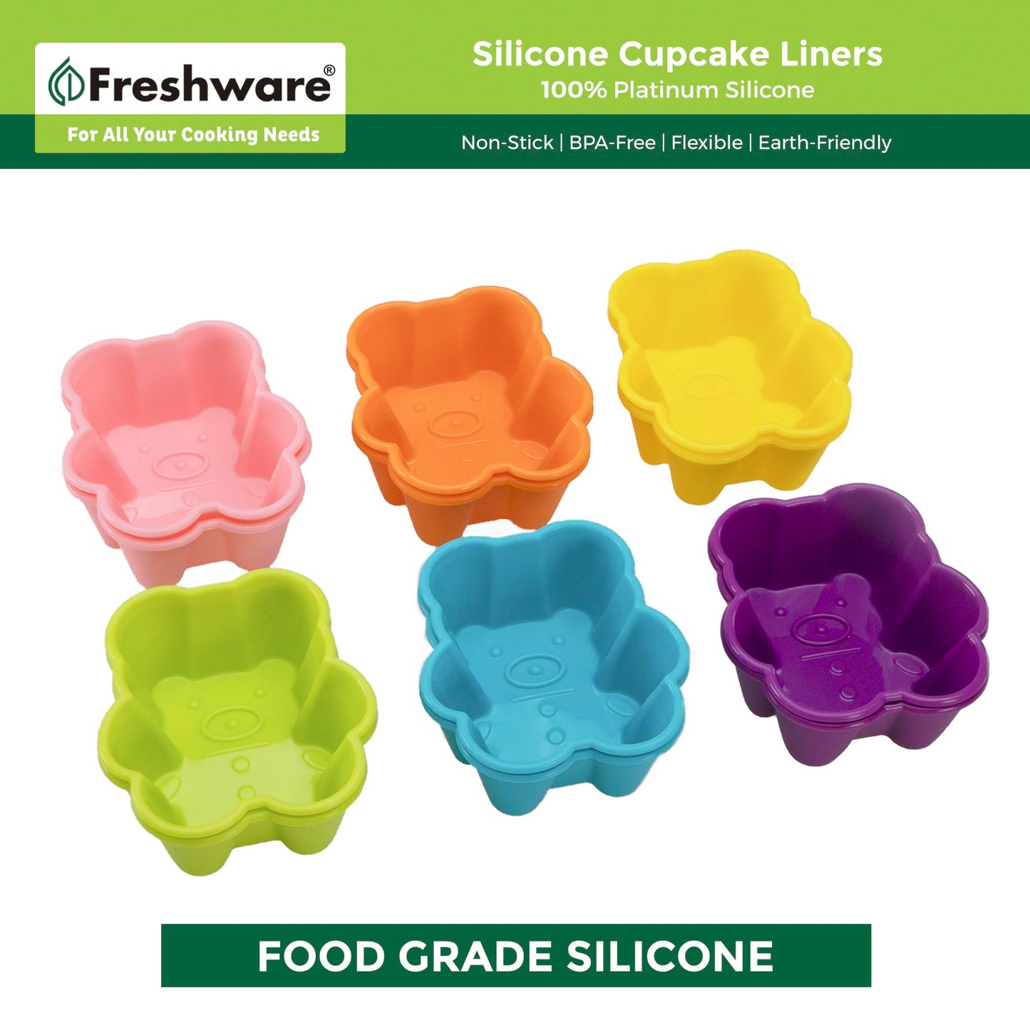 Freshware Cupcake Liners, Pack of 12 Silicone Muffin Cups, 2.9 Inch Silicone Baking Cups, Reusable & Non-stick Cupcake Liners for Party Halloween Christmas, Bear