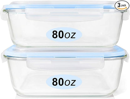 Glass Food Storage Containers Set, Large Size Containers with Lids, BPA-free Locking lids, 100% Leak Proof Glass Meal Prep Containers, Freezer to Oven Safe (2 Pack of 80oz)