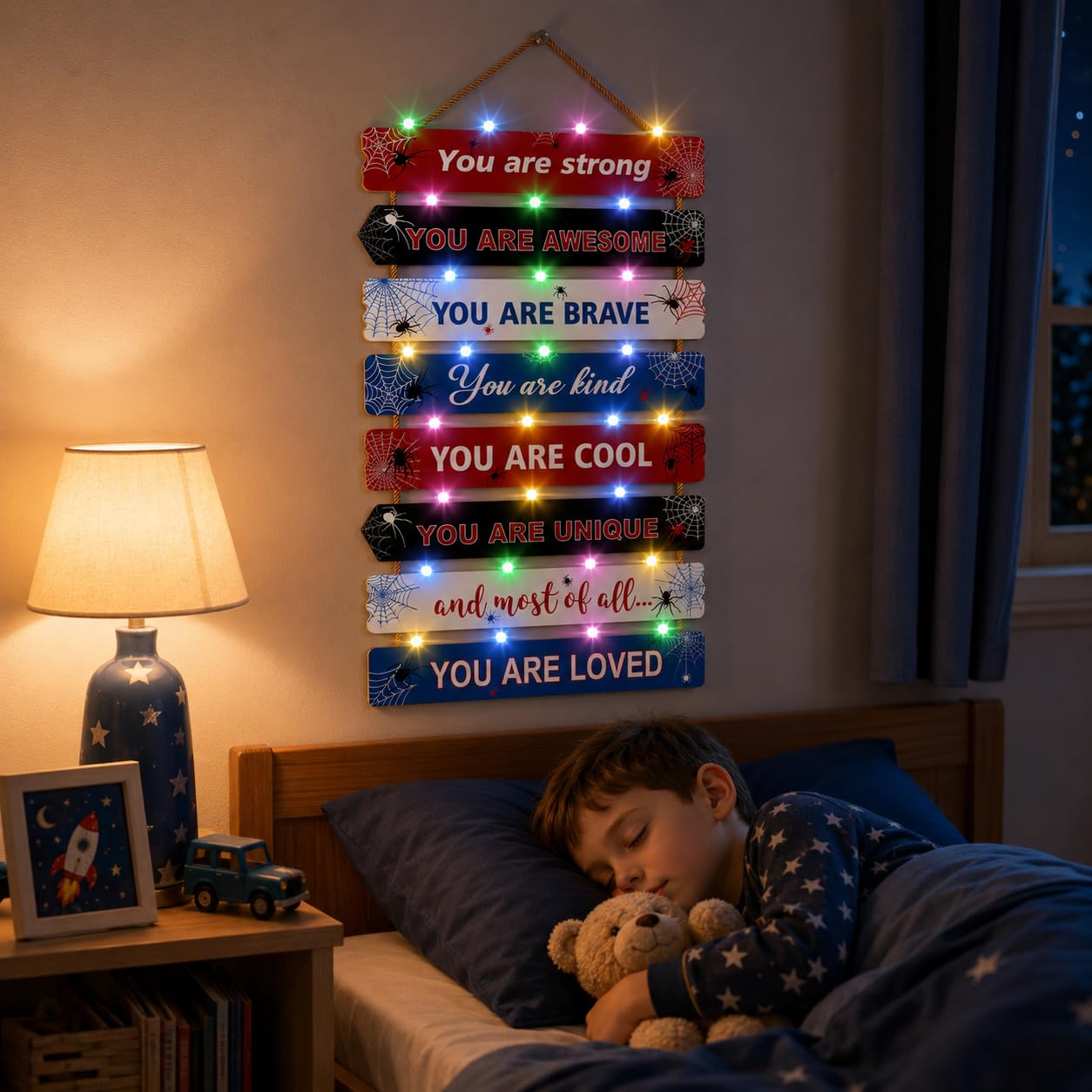 Cool Spiderman Room Decor Set of 8 with Led Light for Teen boys Kids Toddler, Inspirational Spider Man Wood Nursery Wall Decor for Bedroom, Motivational Spidey and His Amazing Friends Marvel Decor
