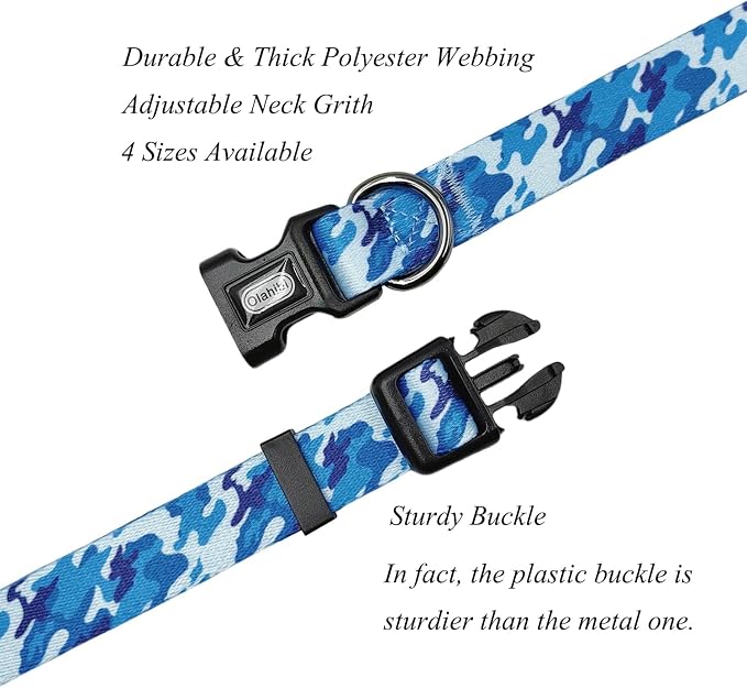 Dog Collar Leash Set, Camouflage Pattern, Polyester Material, Adjustable Collar and 5ft Matching Leash, for Small Dogs.(S, Blue Camo)