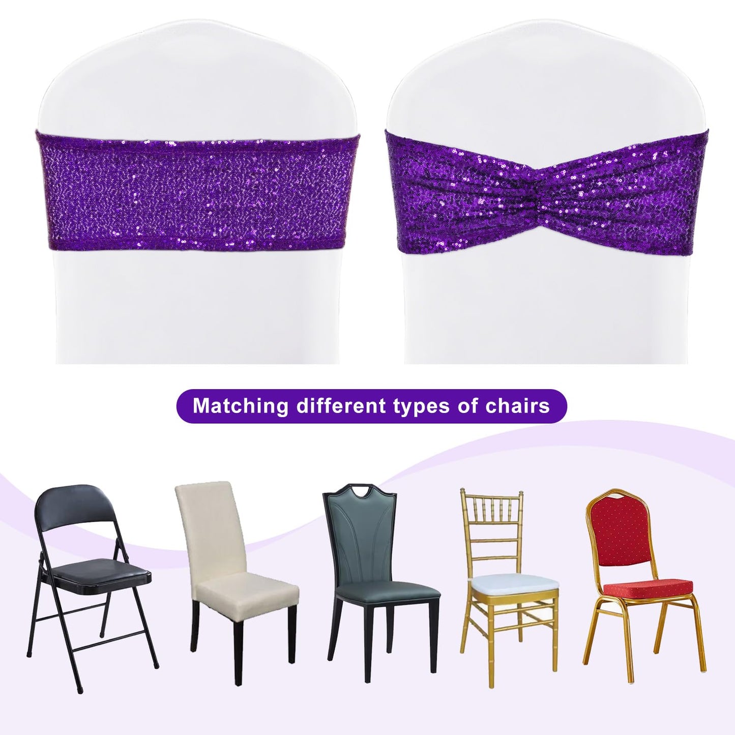SquarePie Sequin Chair Sashes Bows 10 Pack Purple Shiny Chair Cover Bands for Wedding Banquet Party Decor