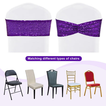SquarePie Sequin Chair Sashes Bows 10 Pack Purple Shiny Chair Cover Bands for Wedding Banquet Party Decor
