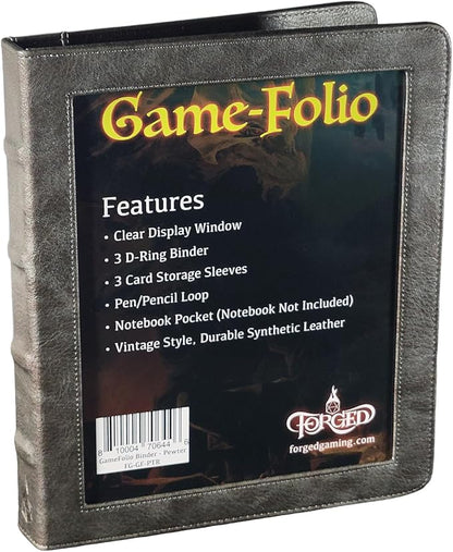Forged Dice Co. Game-Folio PU Leather Portfolio Binder - Gaming Binder for DND Character Sheets with DND Spell Cards Organizer and Clear Front Pocket - Compatible with Dungeons and Dragons RPG Pewter