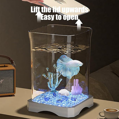Aquarium Starter Kit Small Glass Betta Fish Tank Desktop Mini Fish Bowl for Shrimp Goldfish with Filter Pump LED (White)