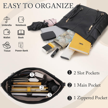 Chase Chic Hobo Bag for Women, PU Leather Ladies Purse and Handbags with Adjustable Strap Trendy Large Crossbody Shoulder Bucket Bag for Work,Travel(Black)