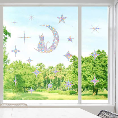 18 Pieces Cat Moon and Star Window Clings - Anti-Collision Decals to Save Birds from Glass Collisions,Non Adhesive, Reusable Rainbow Stickers