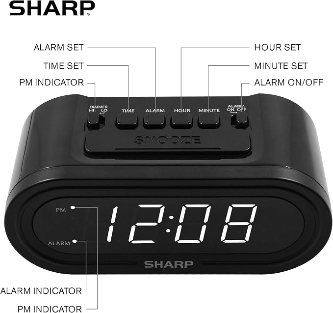 Sharp Digital Alarm with AccuSet - Automatic Smart Clock, Never Needs Setting (Midnight Black-White LED)