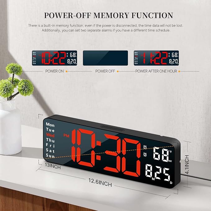 Digital Clock, Digital Wall Clock for Living Room Decor, Desk Alarm Clock for Bedroom, Large Wall Clock with Remote Control, Automatic Brightness Dimmer LED Clock with Date Temperature Week (Red-B)