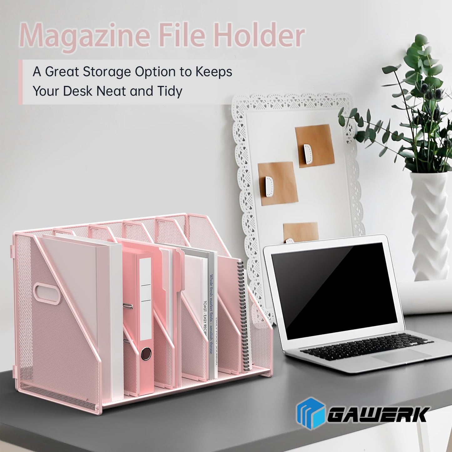 MINDEPOT Desk File Organizer Metal Desk Magazine Folder Holder with 5 Vertical Compartments Rack File Organizer for Office, Home, School (Pink)