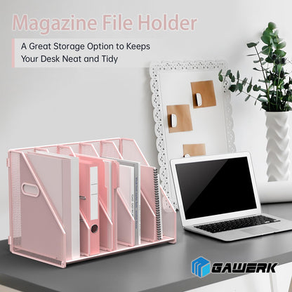 MINDEPOT Desk File Organizer Metal Desk Magazine Folder Holder with 5 Vertical Compartments Rack File Organizer for Office, Home, School (Pink)