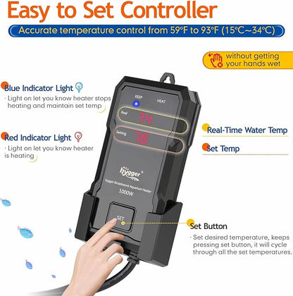 hygger 1000W Aquarium Heater with Controller, Adjustable & Submersible Fish Tank Heater with Digital Display Safety Triple Protection Beeping Alarm for Saltwater and Freshwater 130-260 Gallon
