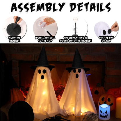 VioraWhite 2 Pack 18.8Inch Lighted Halloween Decoration Indoor Ghost Witch Hat with Lights Spooky Halloween Party Decoration Scary Glowing Ghost Kit for Mantel Shelf Table Fireplace Home Room Kitchen
