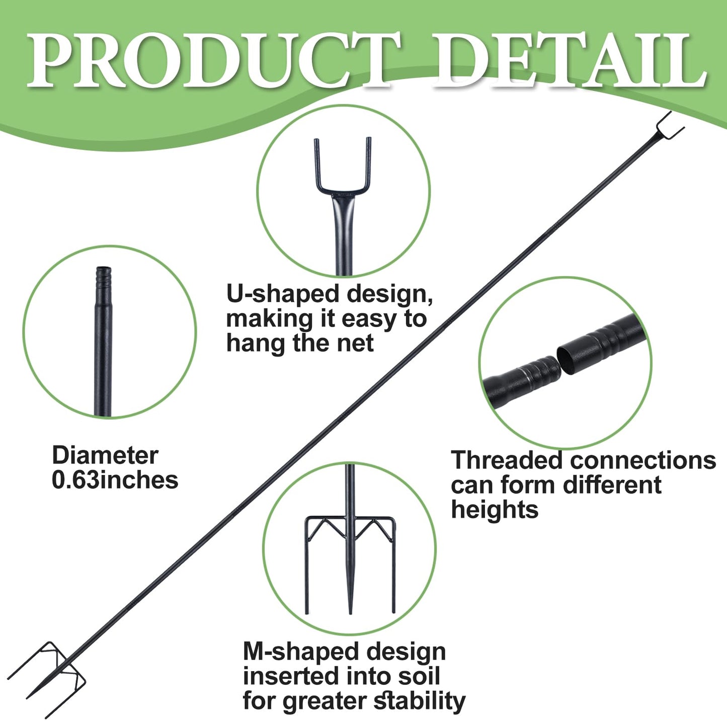 6 Pack 7.2ft Metal Garden Netting Support Stakes, Heavy Duty Garden Netting Pole with 50 Tie Rustproof Gardening Fence Stake Crop Cage Protection Post Frame for Support Fruits Garden Bed Plant Net