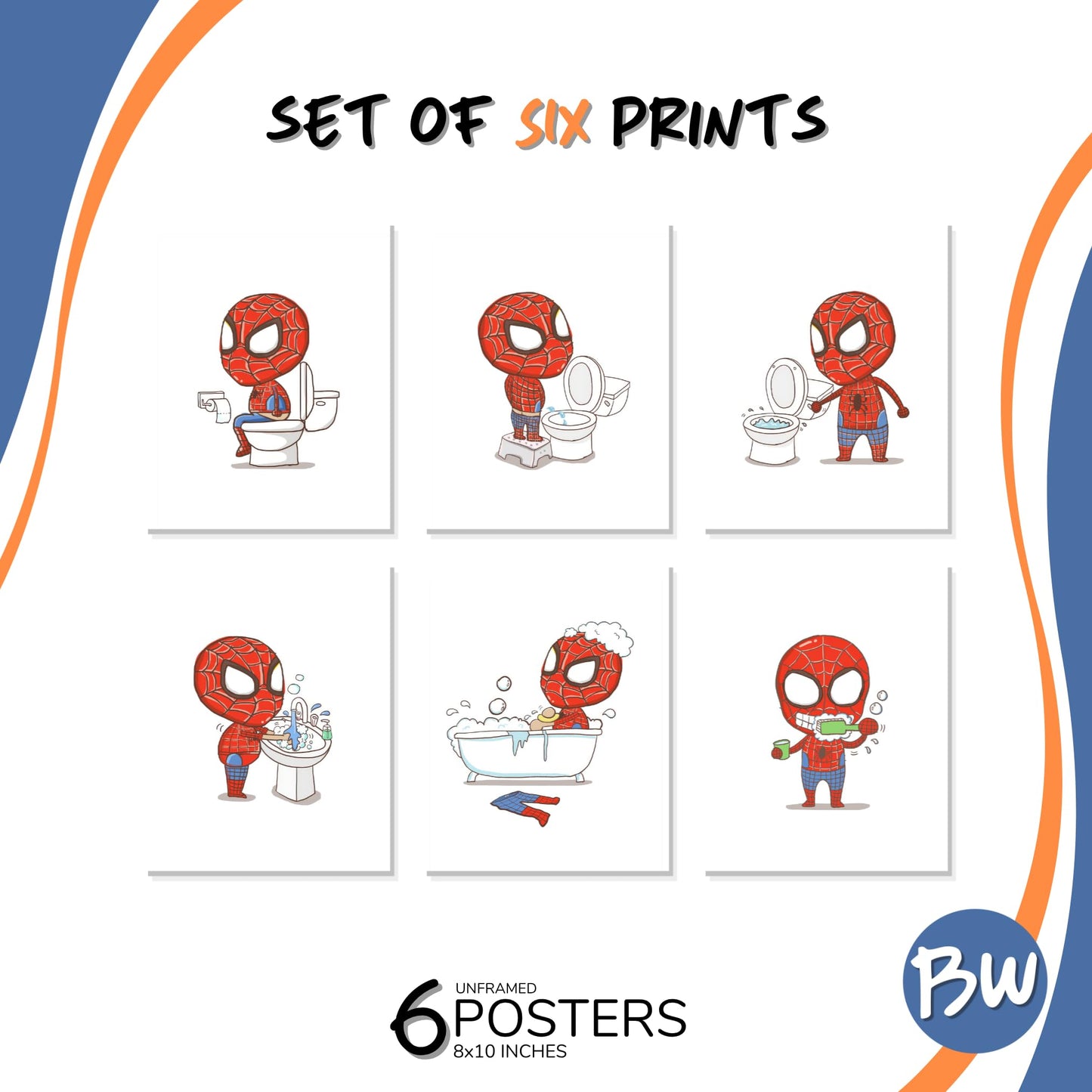BigWig Prints Spider Man Bathroom Decor Makes Potty Training Fun Spiderman Kids Bathroom Wall Art Set Of 6 Unframed (8x10)