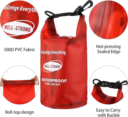 WELL-STRONG Dual Waterproof Boat First Aid Kit, Emergency Marine Kit with Buckles, Compact Boat Safety Accessories for Fishing Kayaking Boating Swimming Camping Rafting Beach Transparent Red