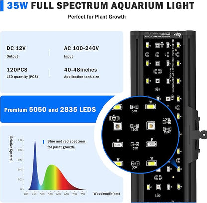 AQQA LED Aquarium Light, 24/7 Mode Clip on Fish Tank Light with Memory Function, DIY Mode Full Spectrum Aquarium Plant Light, Adjustable Timer/Brightness, IP68 Waterproof for 40-48 Inch Fish Tank 35W