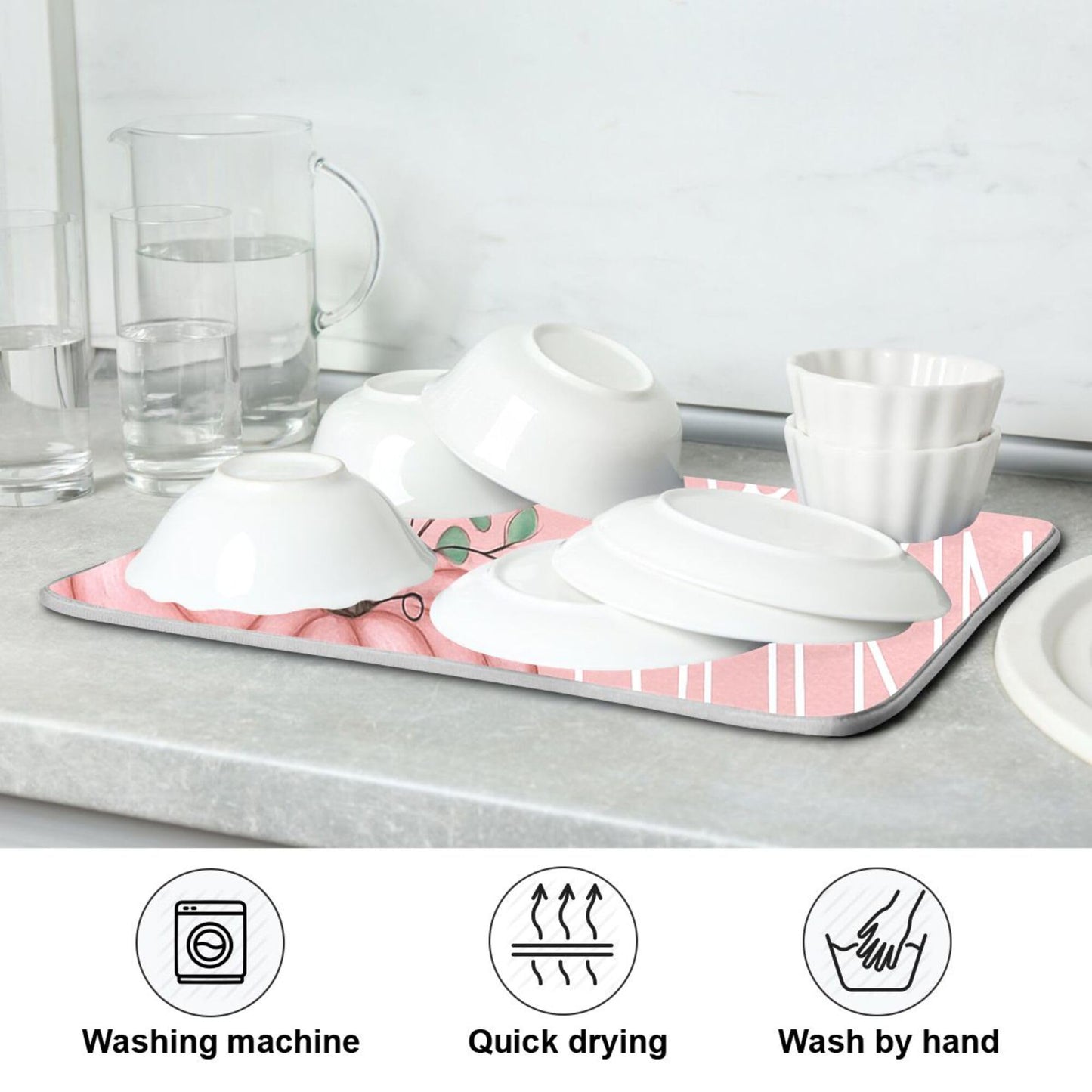 Hello Pumpkin Pink Dish Drying Mat for Kitchen Countertop 16x18 Fall Leaves Rectangle Small Drying Mat Reusable Quick Dry Dish Sink Absorbent Mats Dishwasher Easy Clean Decorative Home Essentials