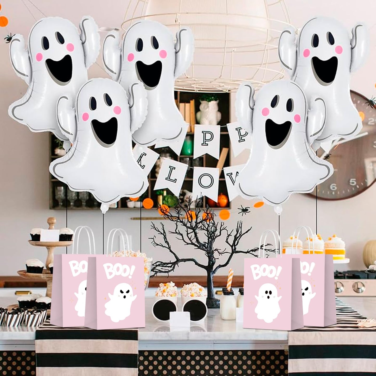 KERINGO 16 PCS Halloween Kraft Paper Gift Bags Pink Ghost Boo Design with Handles for Halloween Themed Trick or Treat Party Favors Supplies